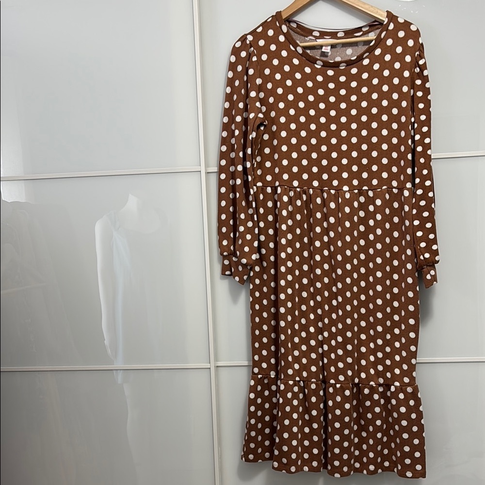 Brown and Cream Tiered Ruffled Sundress with Cuffed Long Sleeves